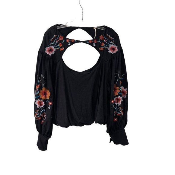 Free People Top Black Embroidered Floral Balloon Long Sleeve Button Size M - Picture 3 of 12